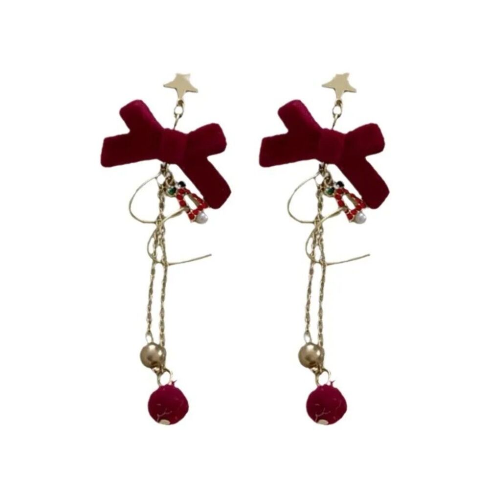 Elegant Cherry Red Bowknot Tassel Dangle Earrings